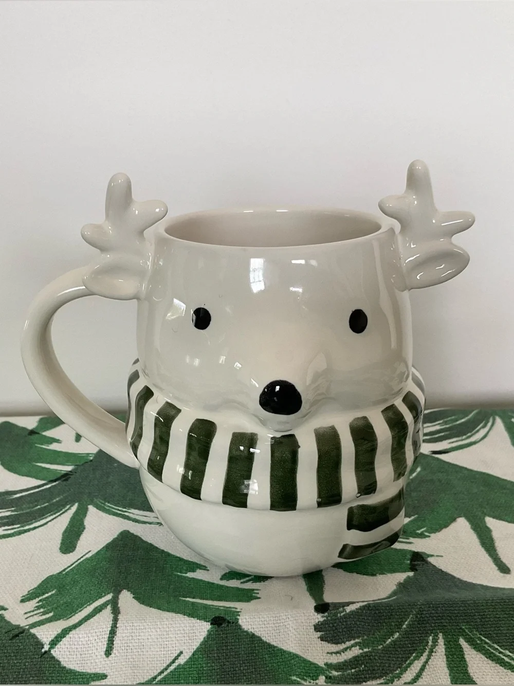 NWT Crate & Barrel 3 Dimensional Ceramic Reindeer Mug with Green Scarf Holiday
